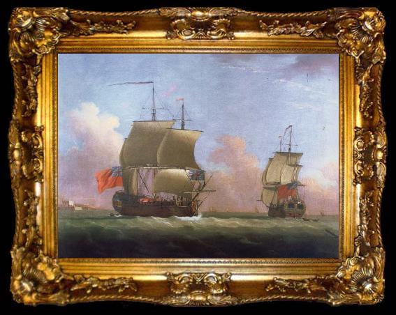 framed  Monamy, Peter THe Ship rigged royal yacht Dublin in two positions, ta009-2